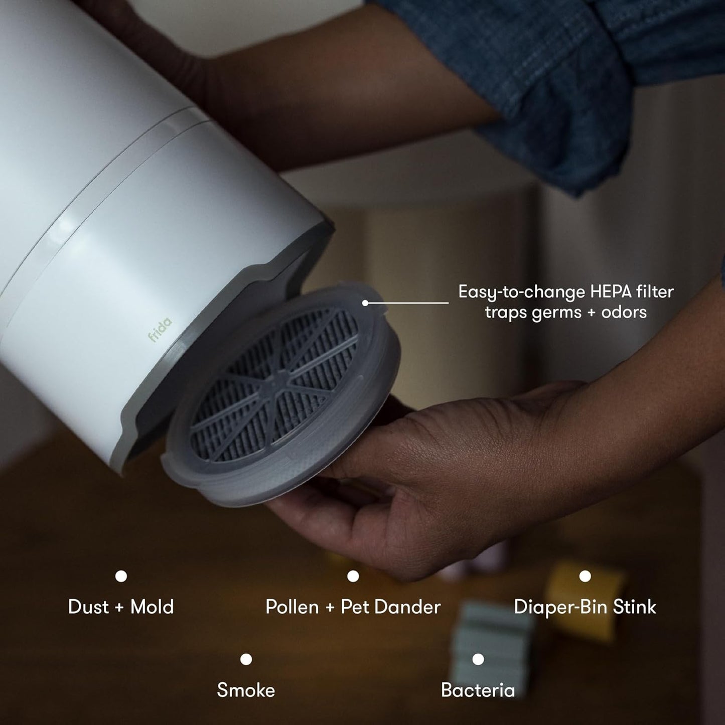 Frida Baby - 3-in-1 Air Purifier Sound Machine + Nightlight, HEPA Air Filter to Eliminate Dust, Mold, Diaper Stink Odor, Pet Dander in Nursery