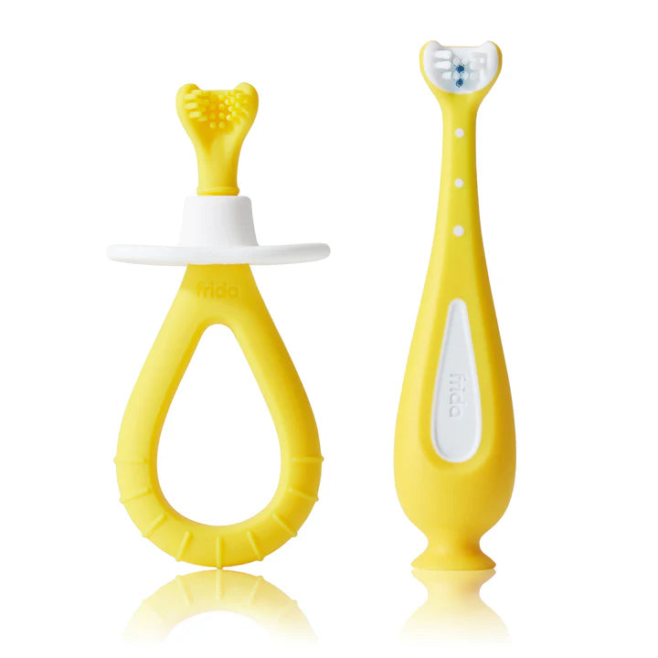Frida Baby - Grow-With-Me Training Toothbrush Set, 2 piece Triple Angle Silicone Infant Gums Cleaner + Toothbrush for Toddlers