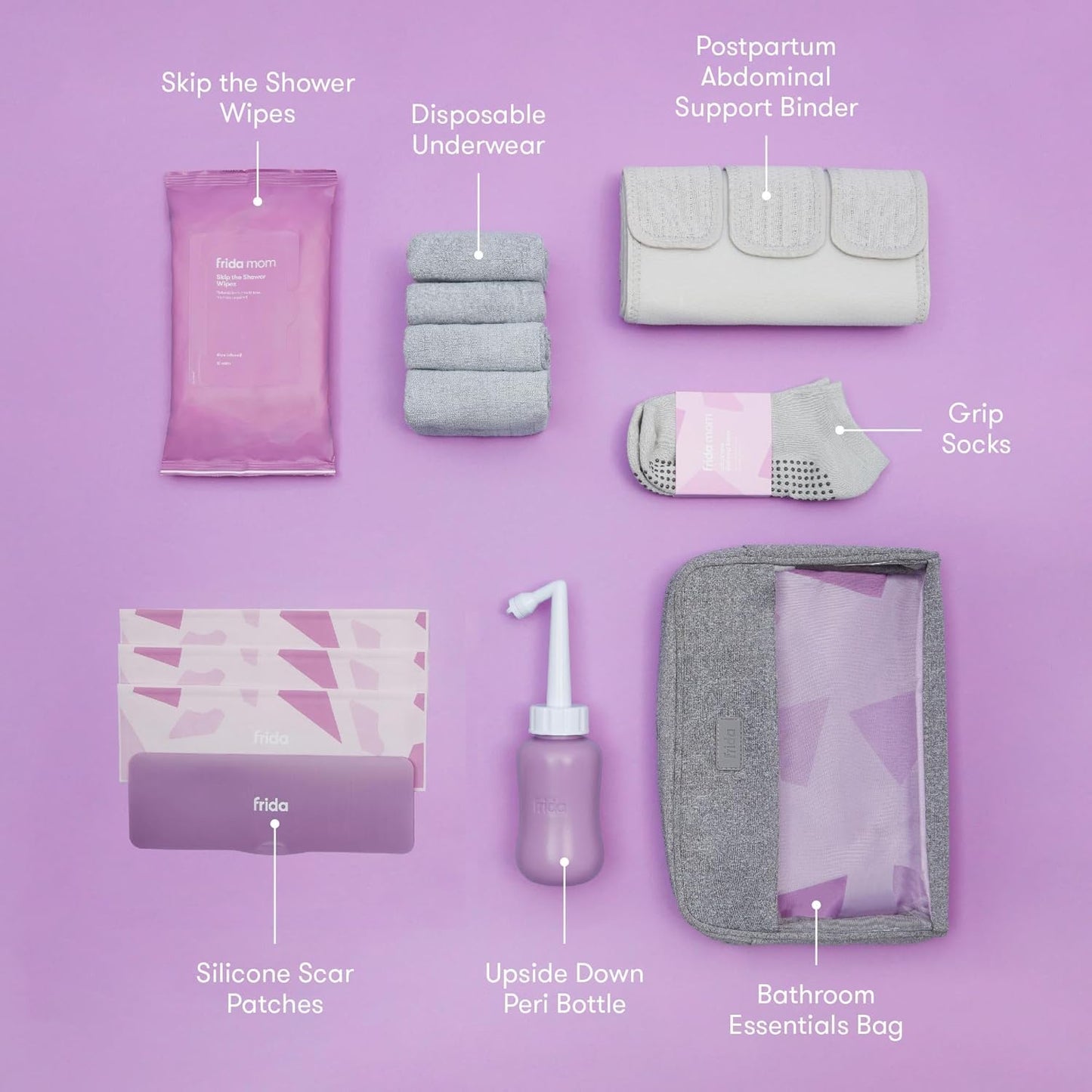 Frida Mom - C-Section Recovery Must Have Kit, Postpartum Socks, Peri Bottle, Disposable Underwear, Abdominal Support Binder, Shower Wipes, Silicone Scar Patches, & Toiletry Bag
