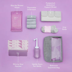 Frida Mom - C-Section Recovery Must Have Kit, Postpartum Socks, Peri Bottle, Disposable Underwear, Abdominal Support Binder, Shower Wipes, Silicone Scar Patches, & Toiletry Bag