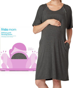 Frida Mom - Delivery & Nursing Gown, Childbirth Labour and Postpartum Hospital Gown with Pockets, Stretchy One Size Gown