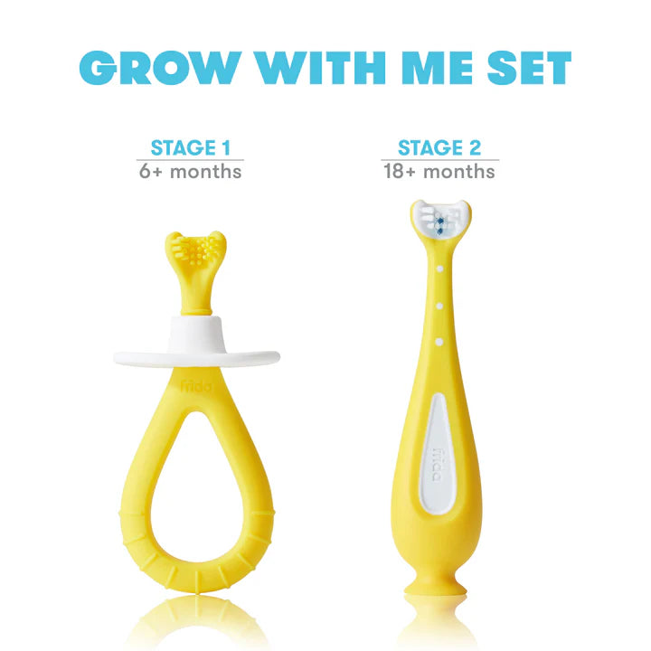 Frida Baby - Grow-With-Me Training Toothbrush Set, 2 piece Triple Angle Silicone Infant Gums Cleaner + Toothbrush for Toddlers