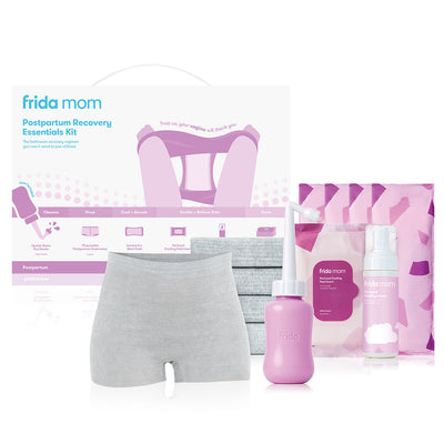 Frida Mom - Postpartum Recovery Essentials Kit, includes Disposable Underwear, Instant Ice Maxi Pads, Perineal Healing Foam, Perineal Healing Pad Liners and Upside Down Peri Bottle, 11pc Gift Set